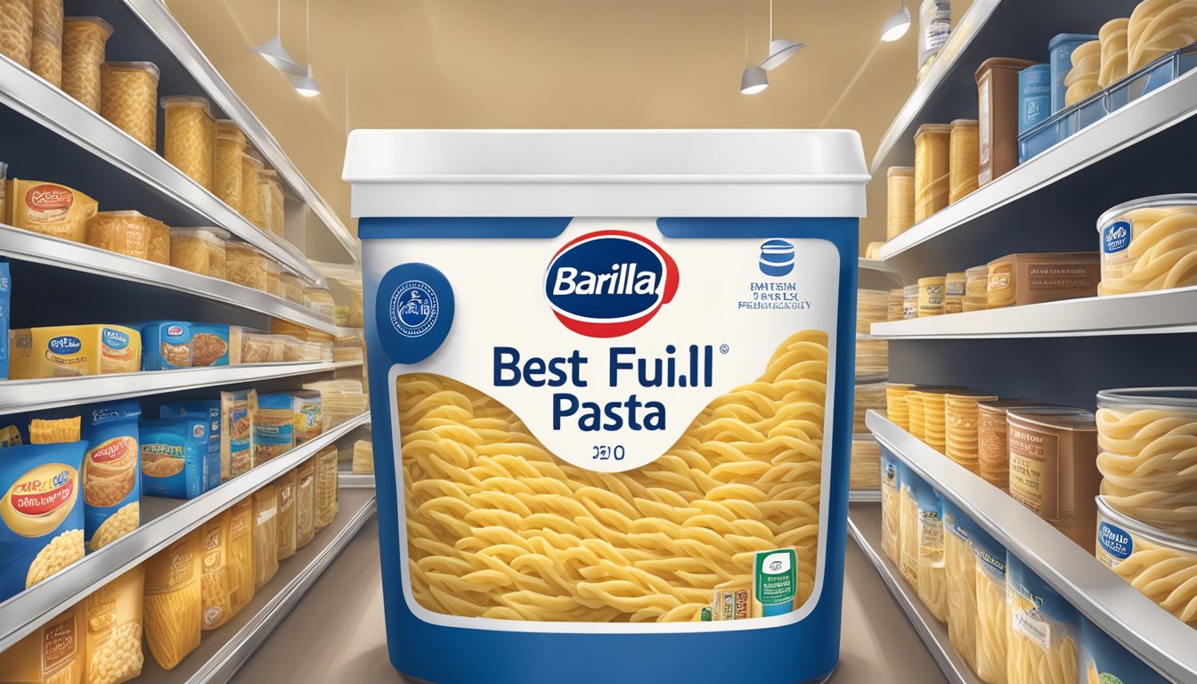 A package of Barilla Ready Pasta Fusilli sits on a pantry shelf, with a "best by" date clearly displayed