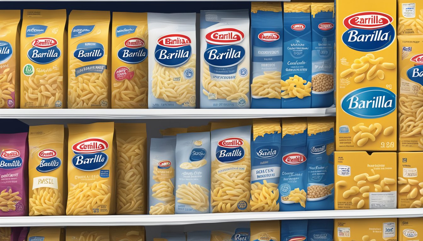 A package of Barilla ready pasta gemelli sits unopened on a pantry shelf, with a best before date clearly visible