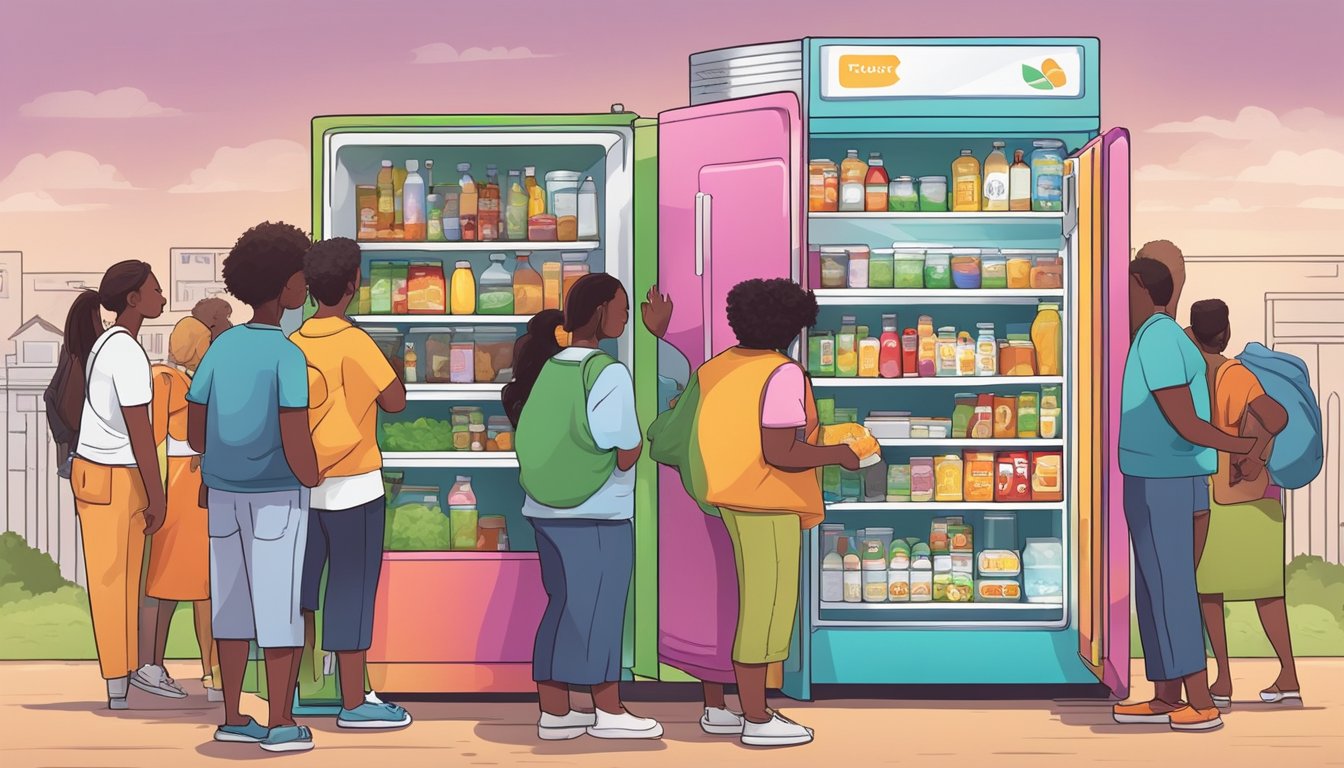 A brightly colored local community fridge surrounded by a diverse array of people donating and taking food items