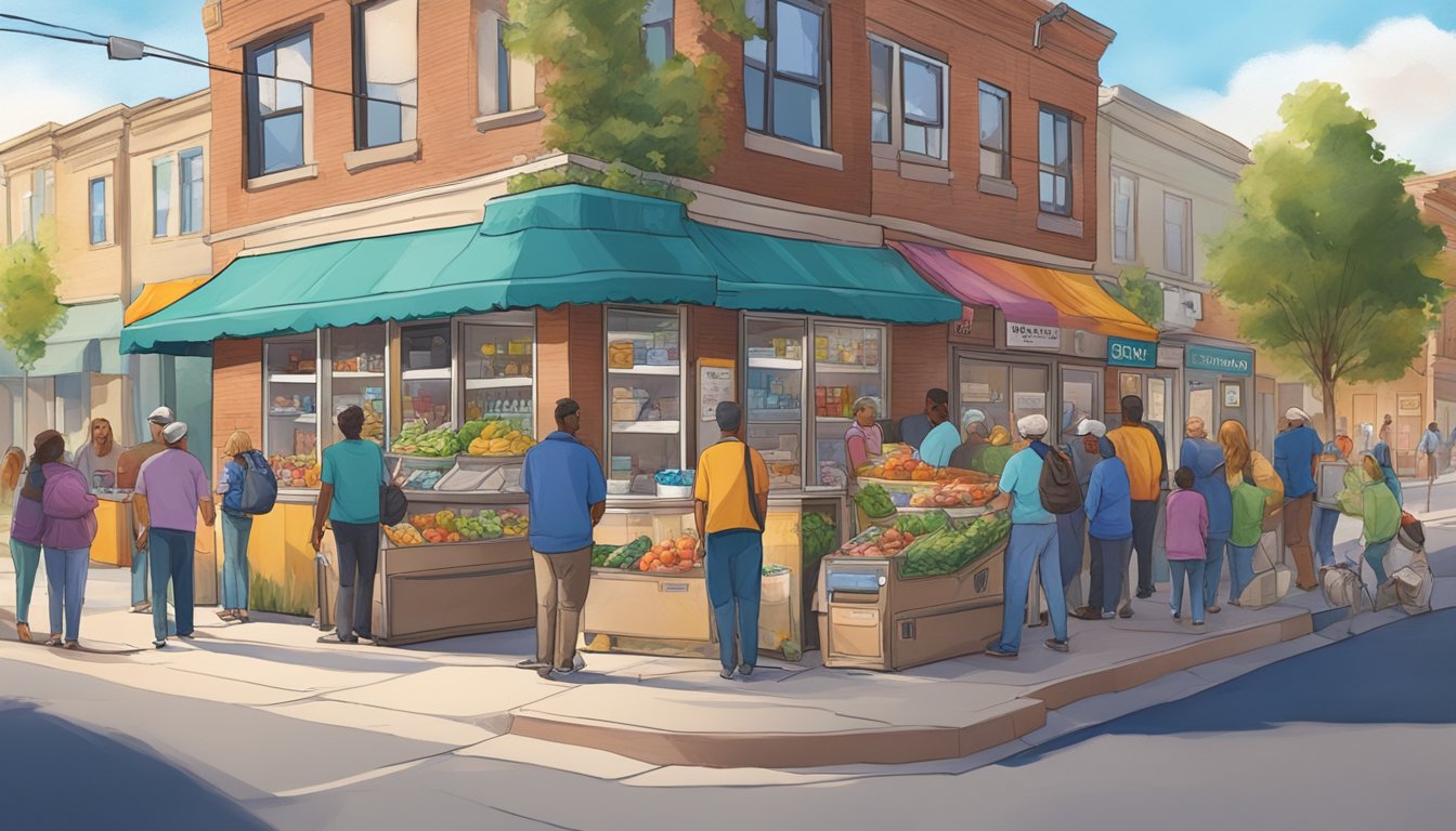 A bustling street corner in Thornton, CO, with a colorful community fridge surrounded by people donating and taking food