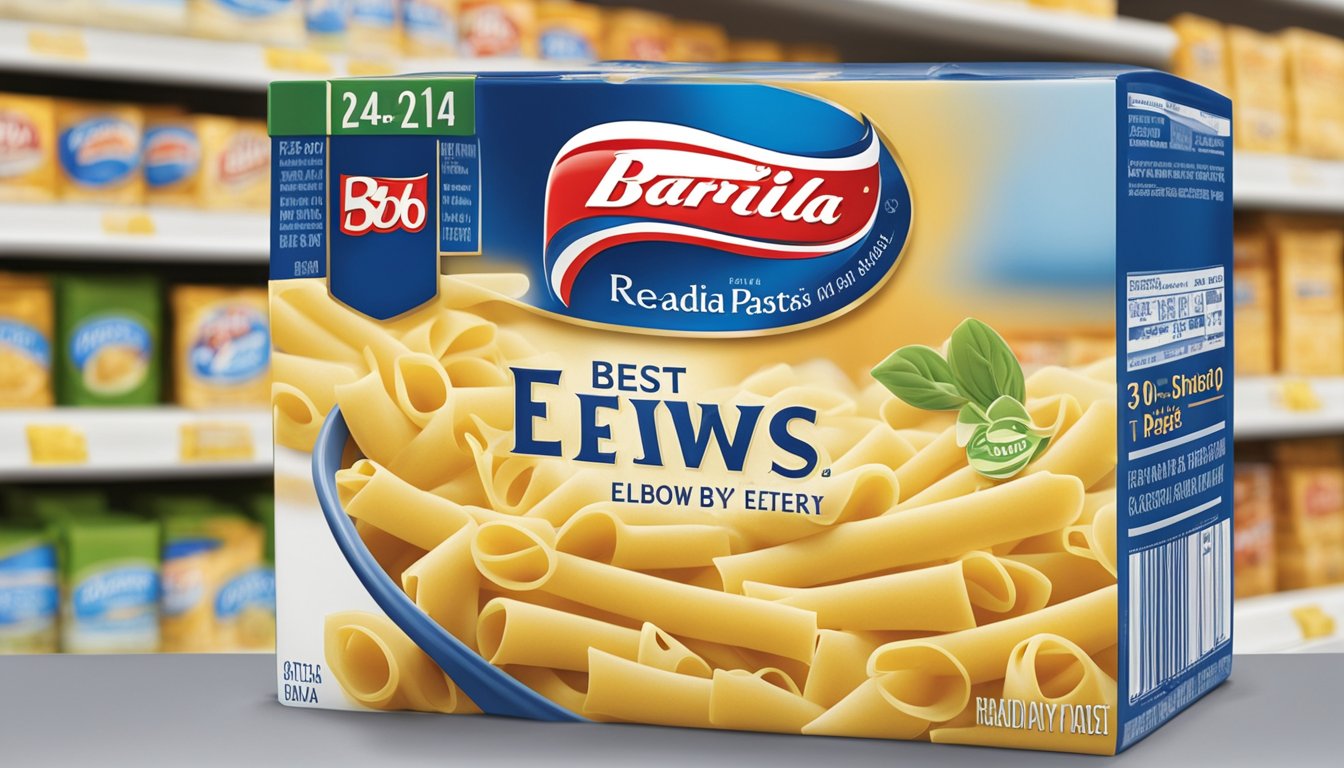 A package of Barilla Ready Pasta elbows sits unopened on a pantry shelf, with a "best by" date clearly visible on the packaging