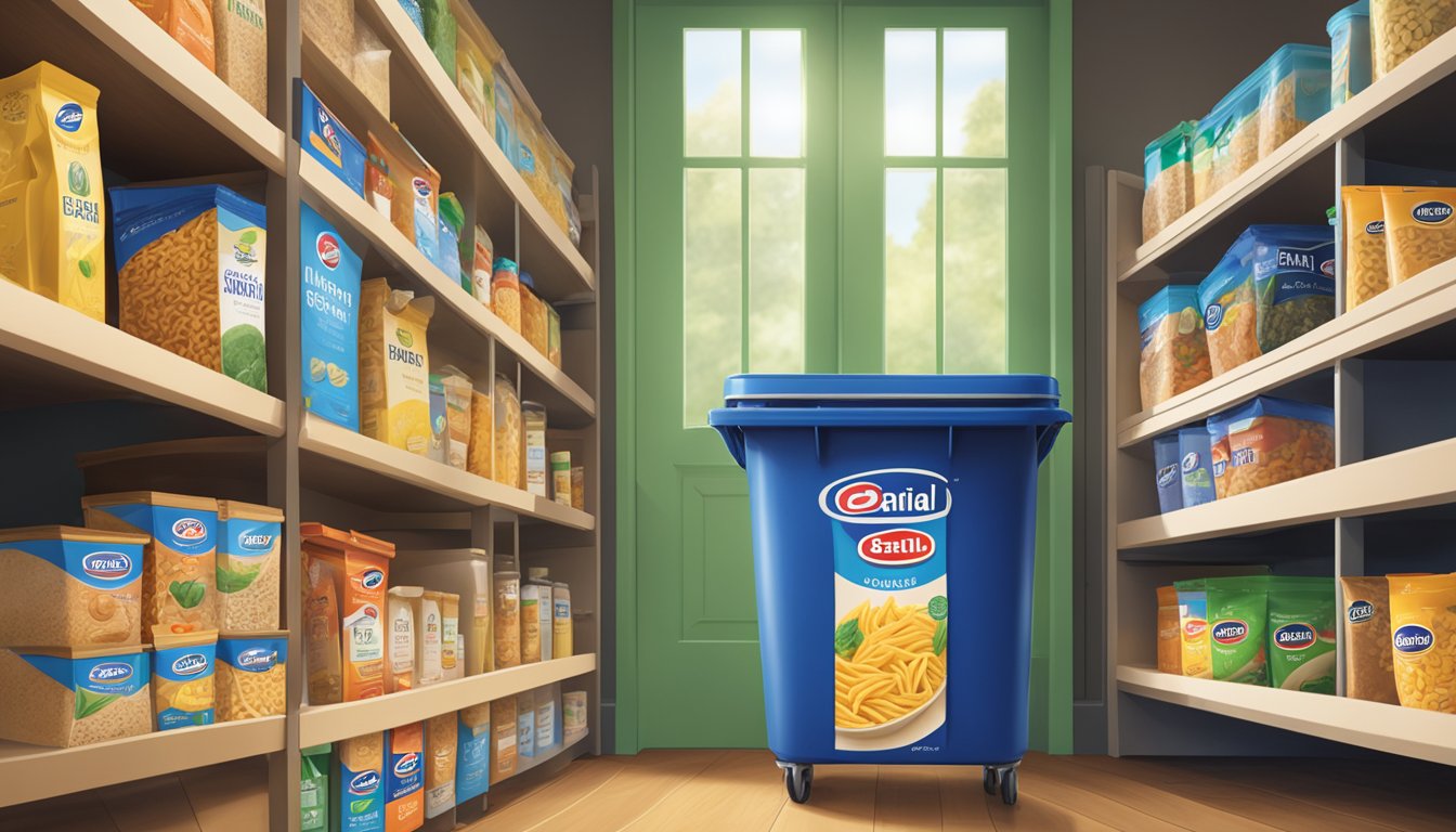 A pantry shelf with Barilla Ready Pasta Gemelli alongside a recycling bin and compost bin