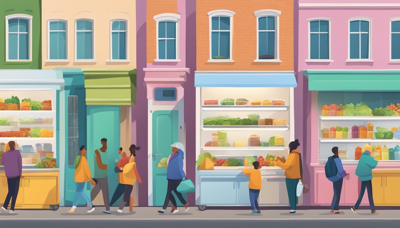 A colorful community fridge stands against a backdrop of a small town with a diverse array of people coming and going, contributing and taking food