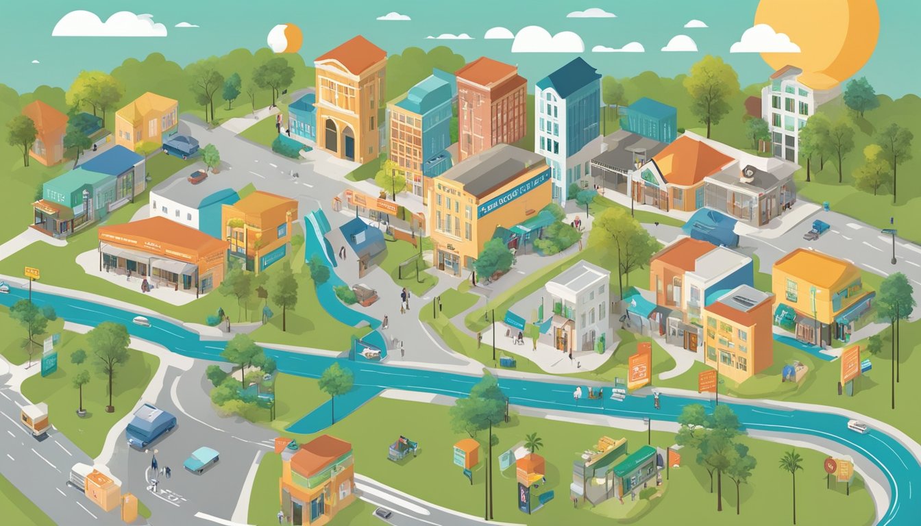 A colorful map of Gainesville, FL with icons representing community fridges at various accessible locations around the city