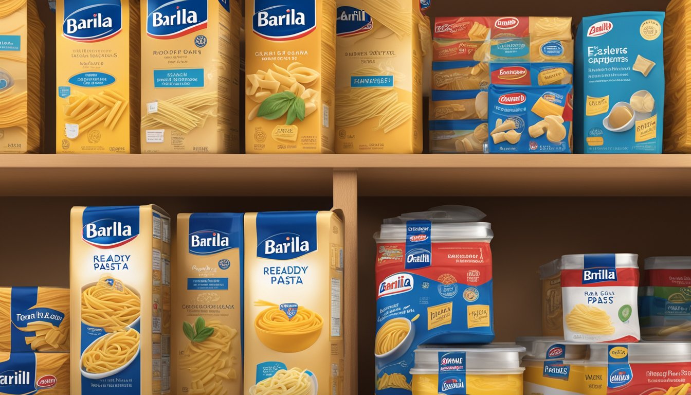 A sealed package of Barilla ready pasta elbows sits on a shelf, surrounded by other pantry items. The expiration date is clearly visible on the packaging