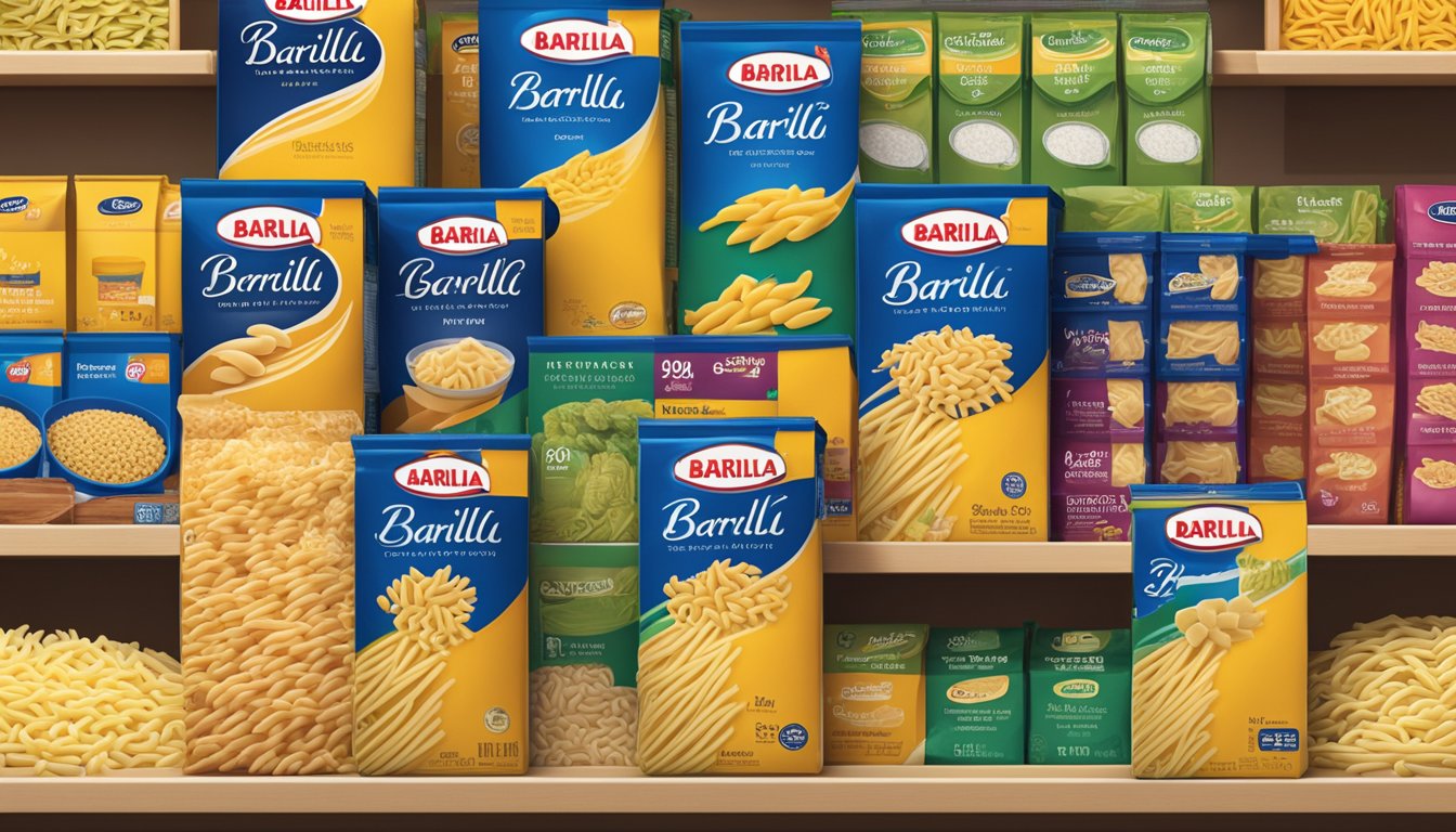 A package of Barilla Ready Pasta Gemelli sits on a pantry shelf next to other pasta types, with a "best by" date clearly visible on the packaging