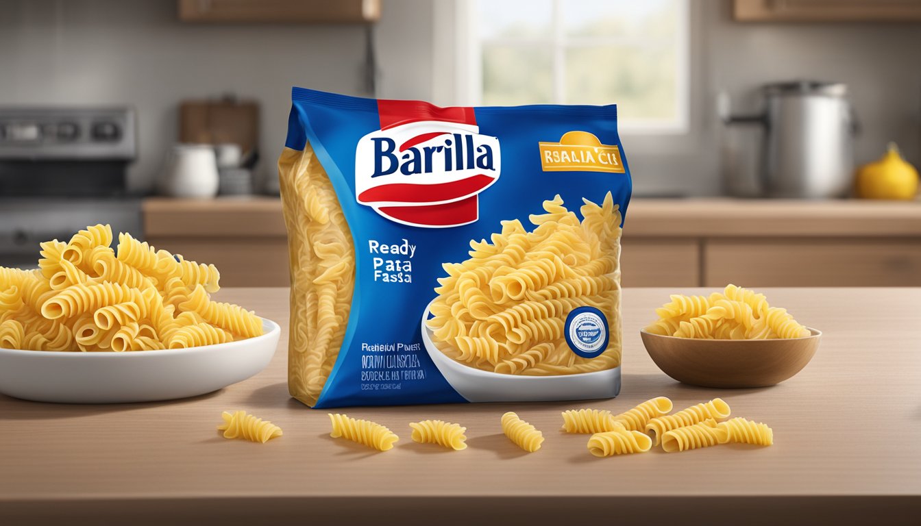 A package of Barilla Ready Pasta Fusilli sits on a countertop, surrounded by signs of spoilage such as moldy food and a pungent odor