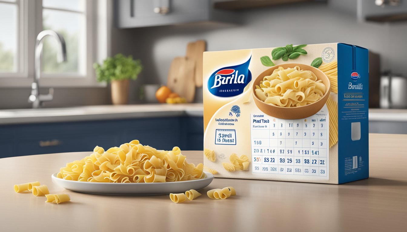 A box of Barilla ready pasta elbows sits on a kitchen counter, with a calendar showing the current date in the background