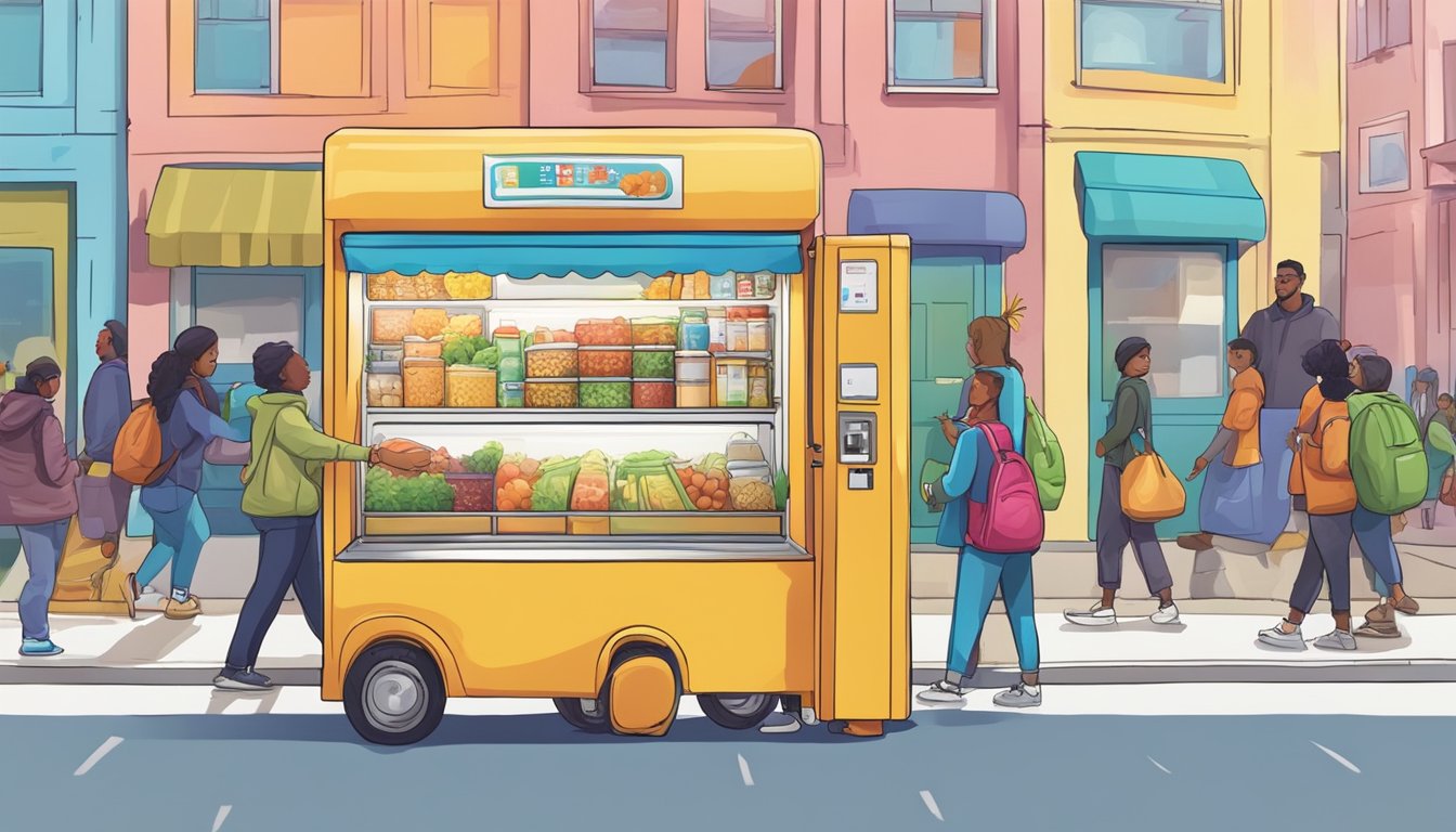 A brightly colored community fridge stands on a busy street corner, surrounded by a diverse array of people dropping off and picking up food items