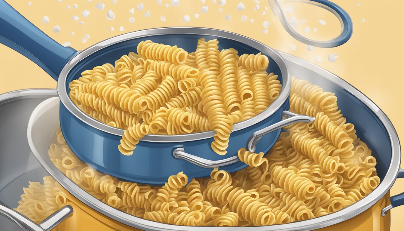 A pot of boiling water with Barilla Ready Pasta fusilli cooking inside