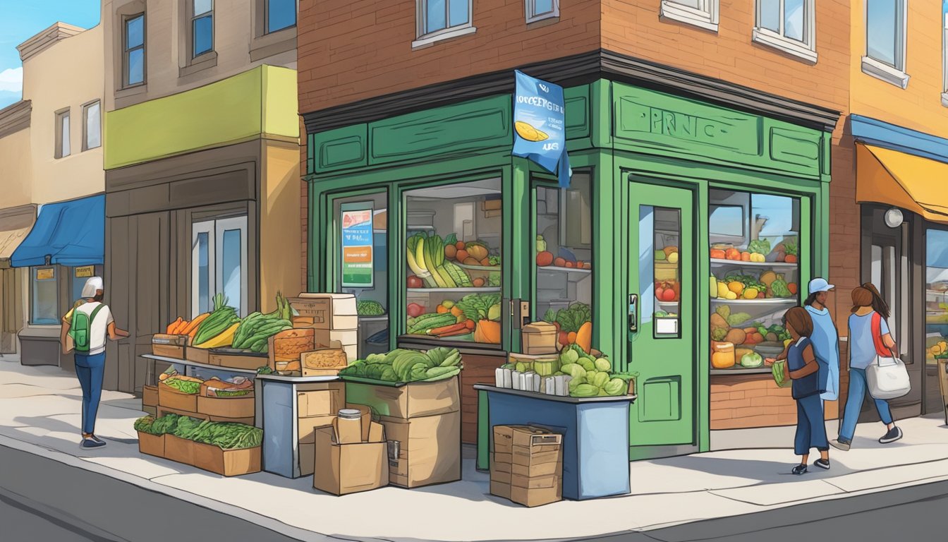 A bustling street corner in Thornton, CO, with a colorful local community fridge filled with fresh produce and canned goods