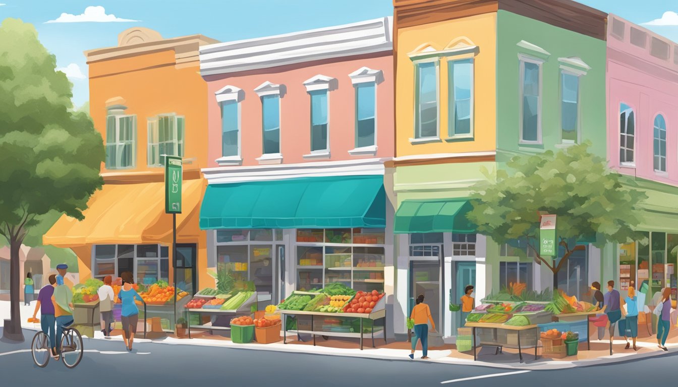 A bustling street in Gainesville, Florida, with a colorful local community fridge stocked with fresh produce and food items