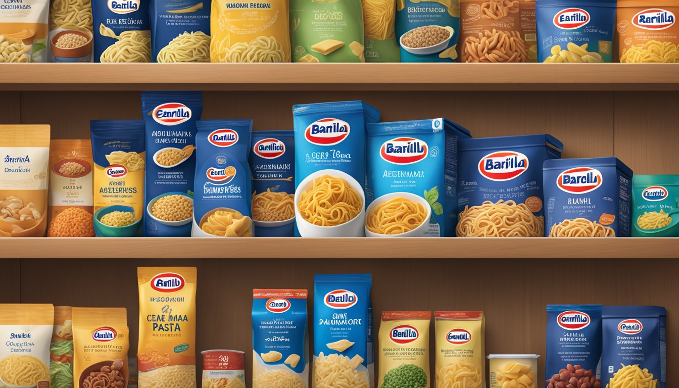 A package of Barilla ready pasta elbows sits on a pantry shelf, surrounded by other varieties of pasta and alternative meal options