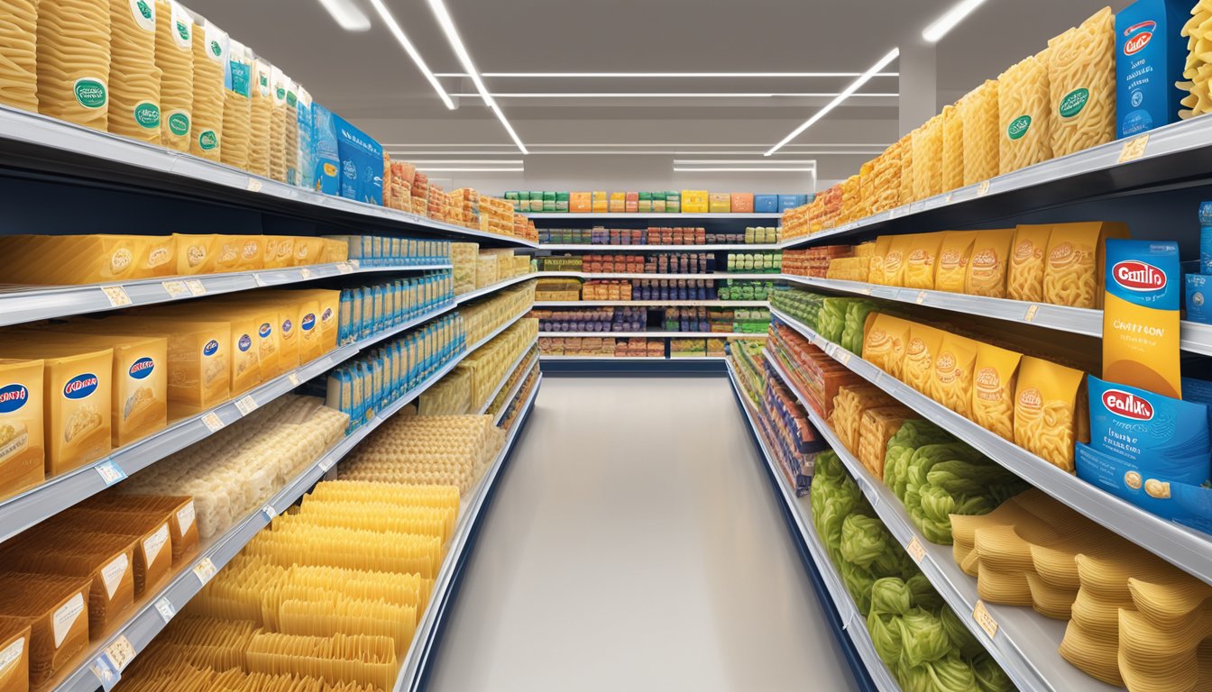 A package of Barilla Ready Pasta Fusilli sits on a shelf next to other pasta products in a well-lit grocery store aisle