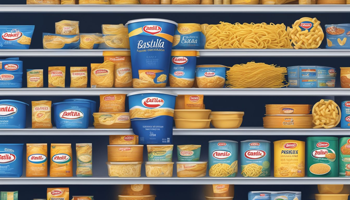 A pantry shelf with Barilla Ready Pasta elbows, expiration date clearly visible