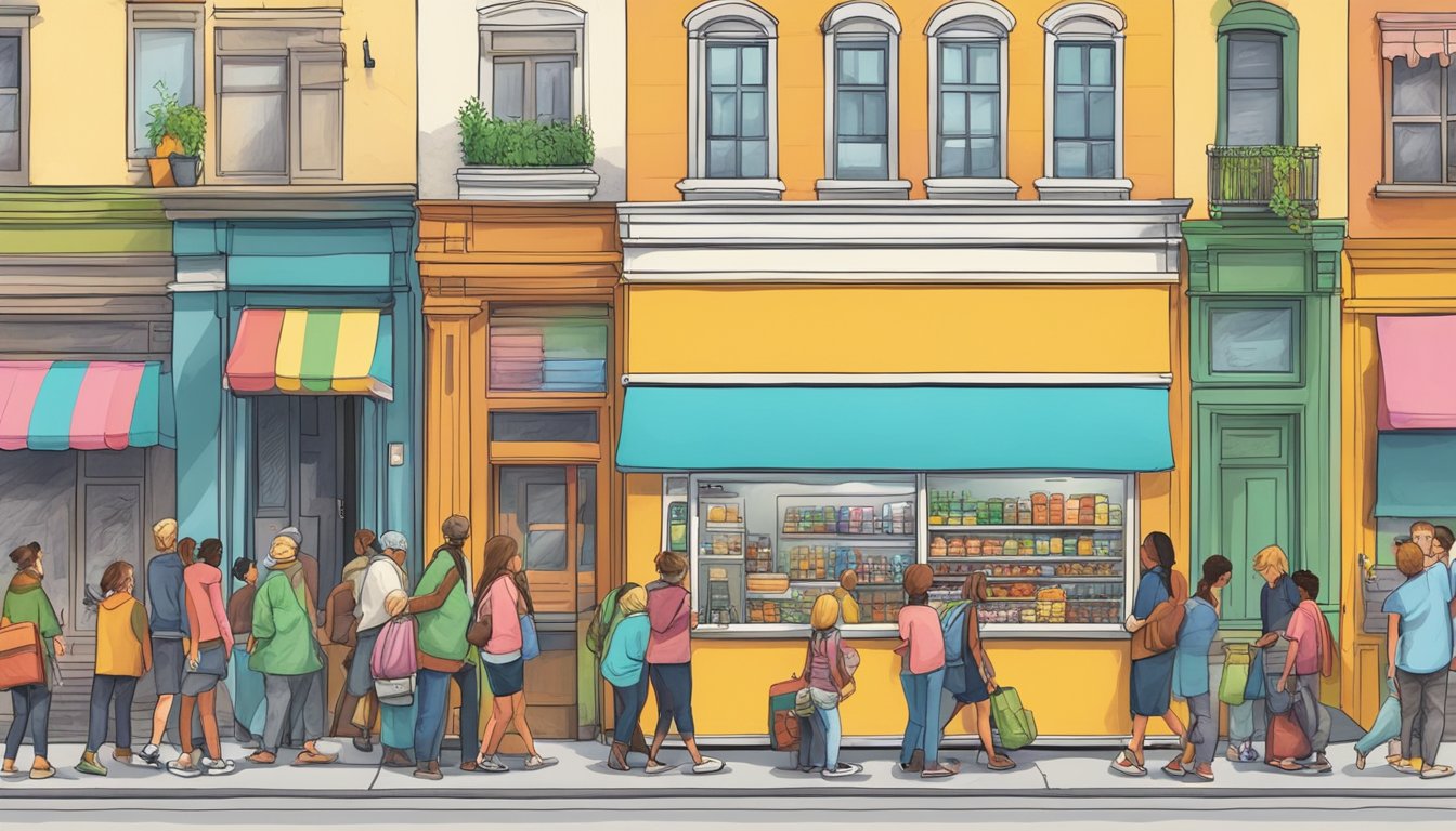 A bustling street corner with a colorful community fridge surrounded by people of all ages contributing and taking food