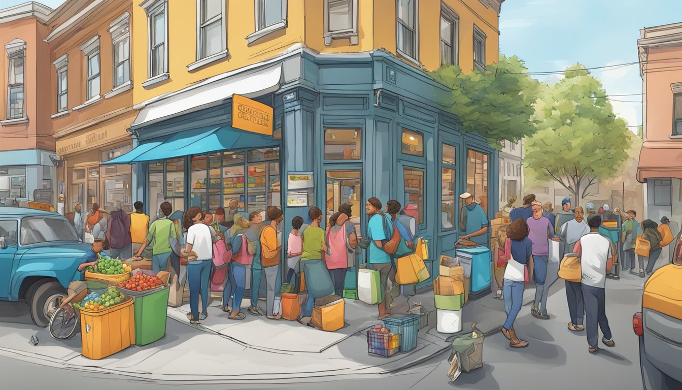 A bustling street corner with a colorful, well-stocked fridge surrounded by people dropping off and picking up food donations