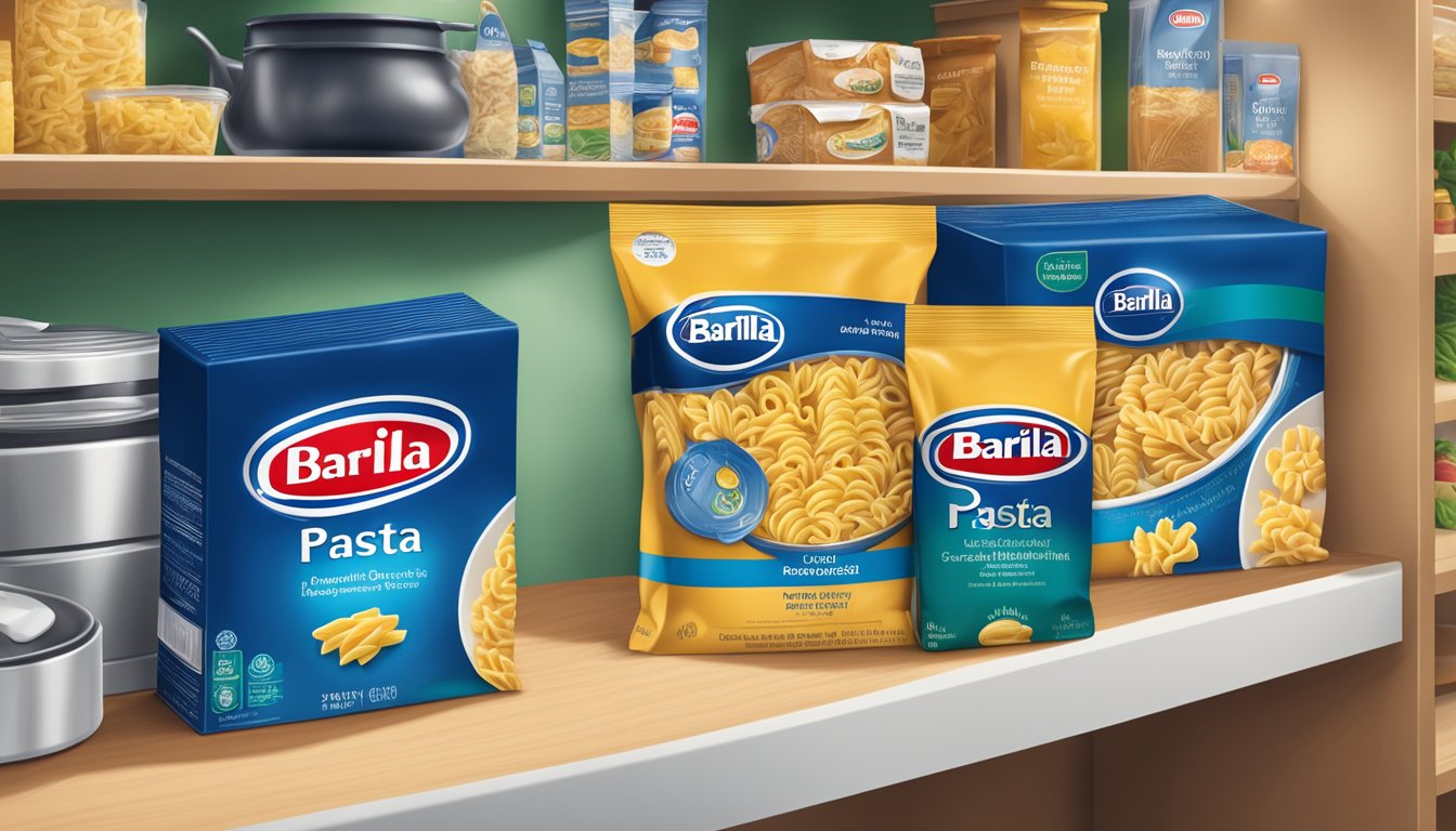 A sealed package of Barilla ready pasta fusilli sits on a pantry shelf, surrounded by pest control products and a clean kitchen environment