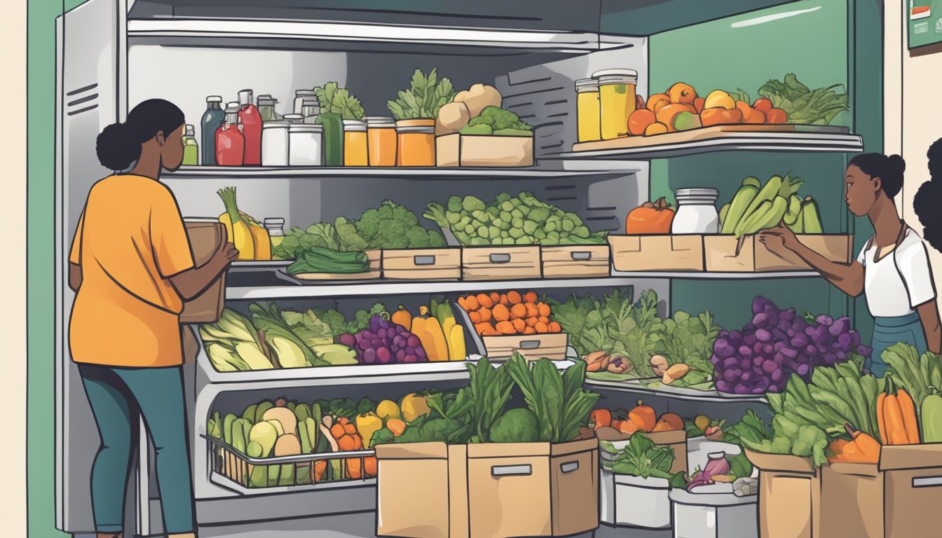 A bustling community fridge filled with fresh produce and packaged goods, surrounded by a diverse group of people making donations and taking what they need