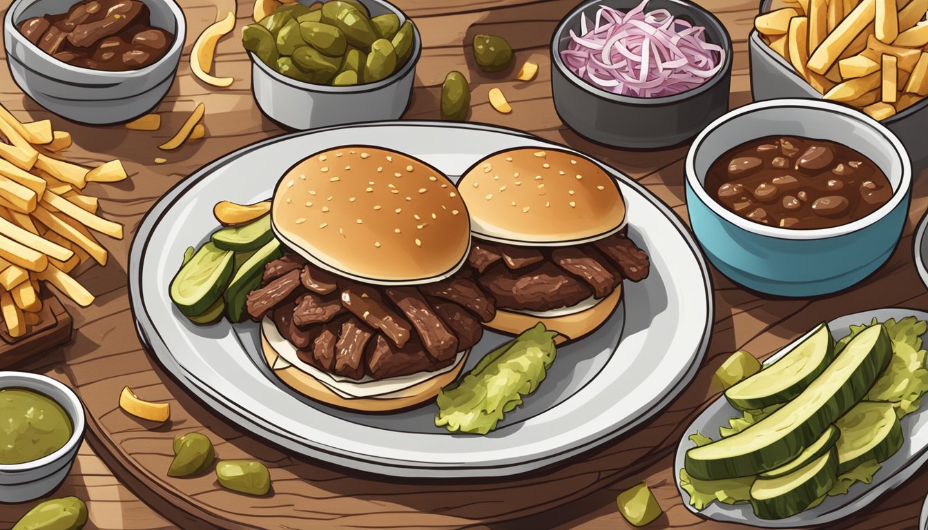 A plate of BBQ beef sliders on a wooden cutting board, surrounded by pickles and a dollop of coleslaw, with a side of crispy fries