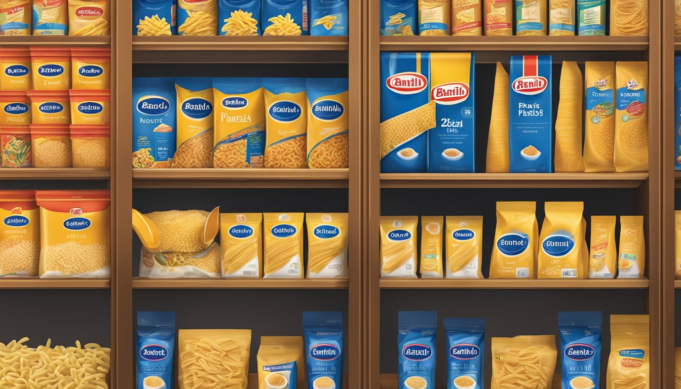 A kitchen pantry shelf stocked with neatly arranged packages of Barilla Ready Pasta Fusilli, with expiration dates clearly visible