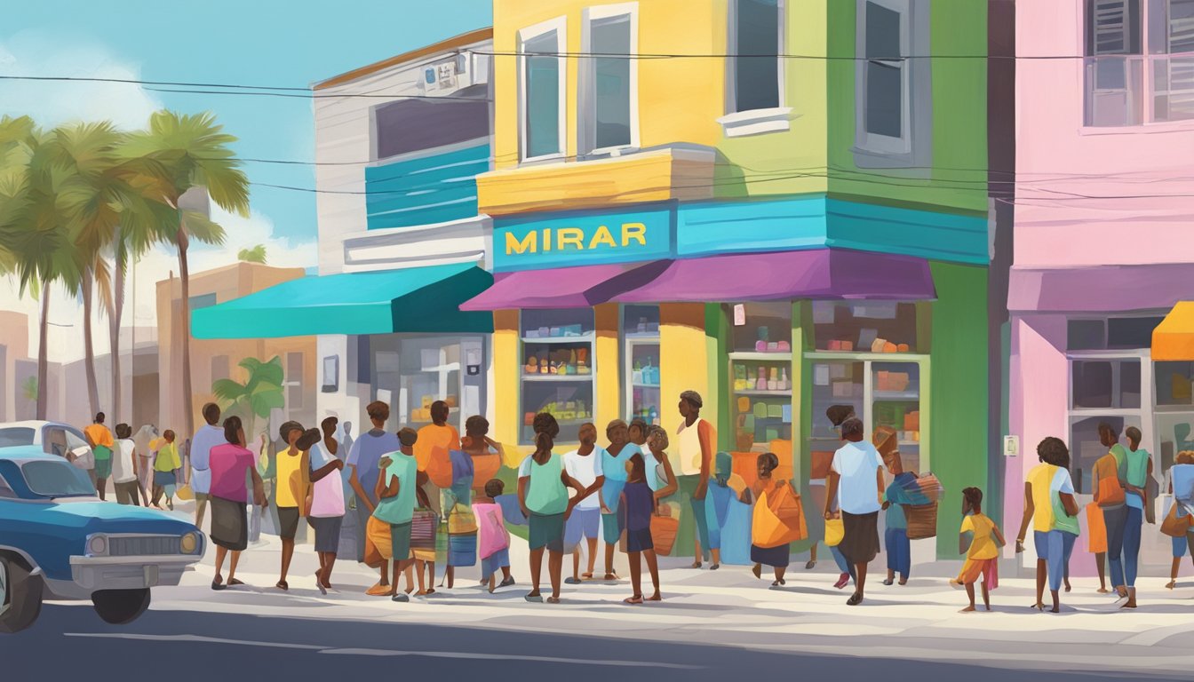 A vibrant, bustling street corner in Miramar, Florida, with a colorful community fridge at its center, surrounded by people coming and going