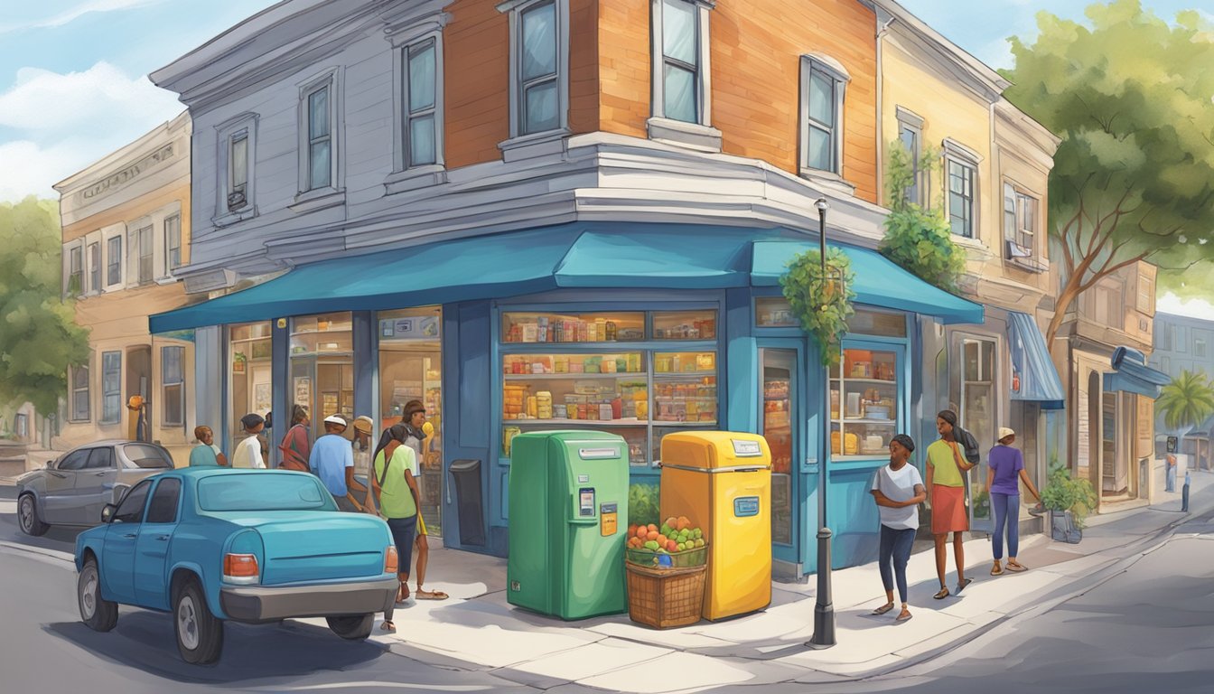 A bustling street corner in Jacksonville, Florida, with a colorful, well-stocked community fridge surrounded by diverse, smiling locals