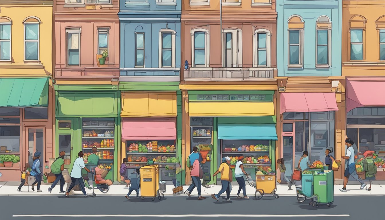 A bustling city street with a colorful community fridge surrounded by people dropping off and picking up food items