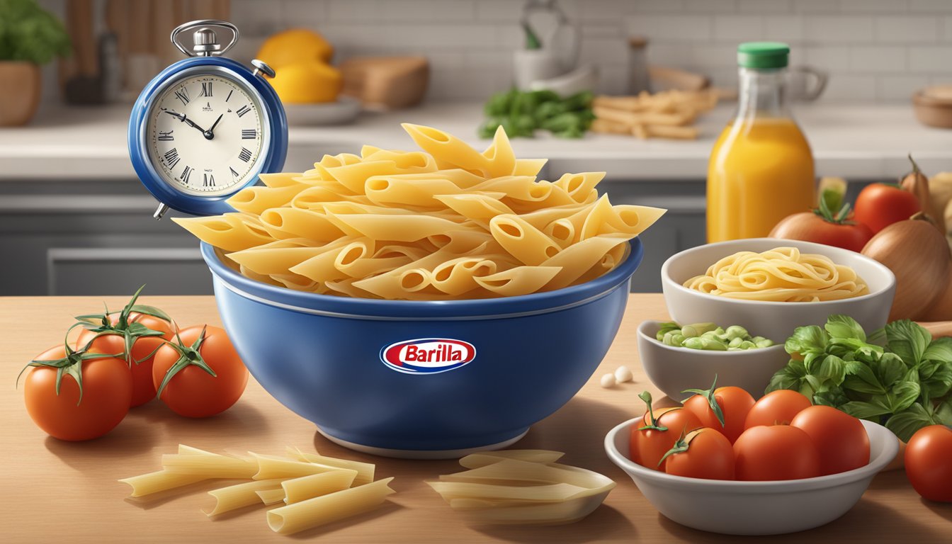 A steaming bowl of Barilla Ready Pasta Penne sits on a kitchen counter, surrounded by fresh ingredients and a clock showing the time