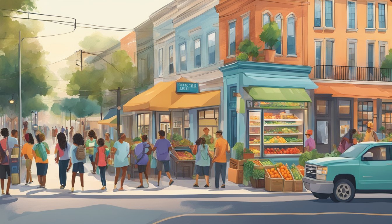 A bustling street in Jacksonville, Florida, with a colorful community fridge adorned with fresh produce and a diverse group of people gathering around it