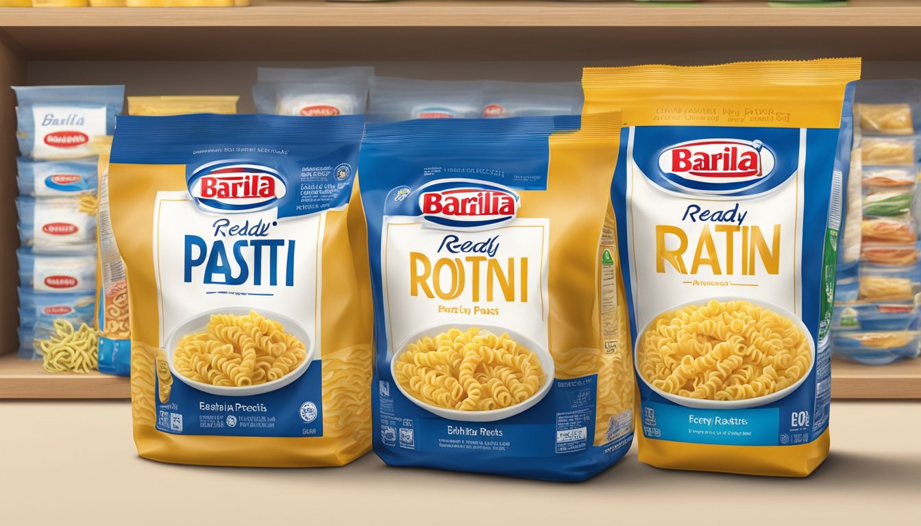 A sealed package of Barilla Ready Pasta rotini sitting on a pantry shelf, with a clear expiration date printed on the label