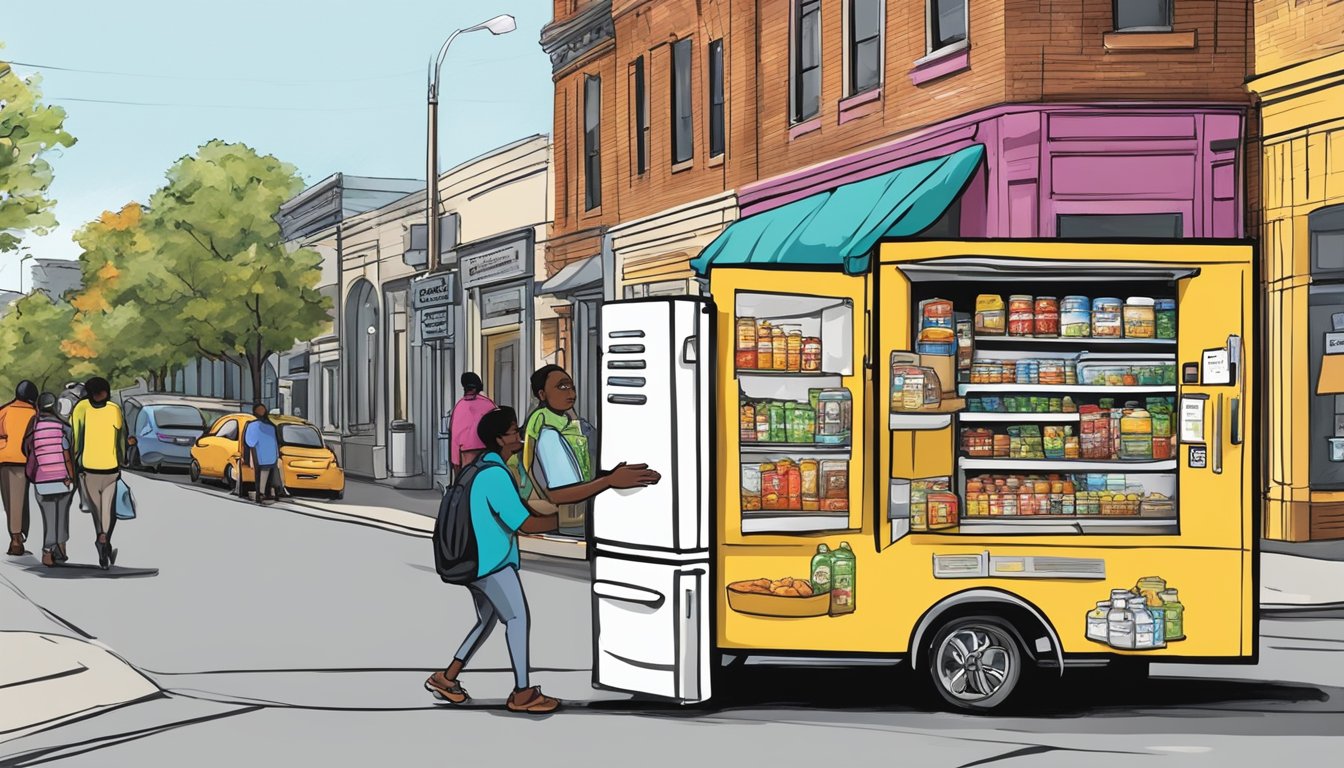 A colorful local community fridge stands on a bustling street in Hartford, CT. People approach to donate or collect food items