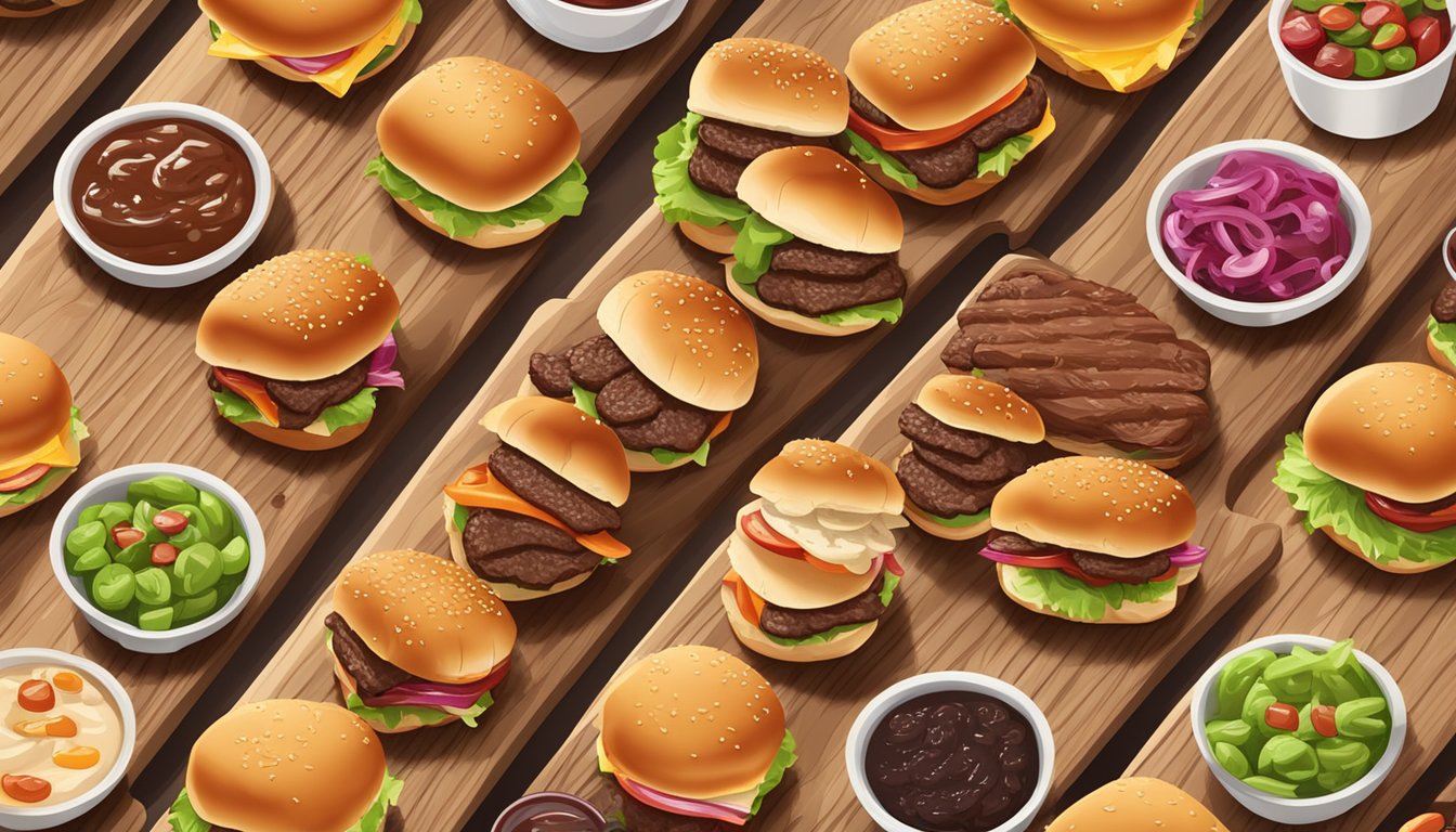 A platter of BBQ beef sliders with a variety of toppings and sauces, arranged neatly on a wooden serving board