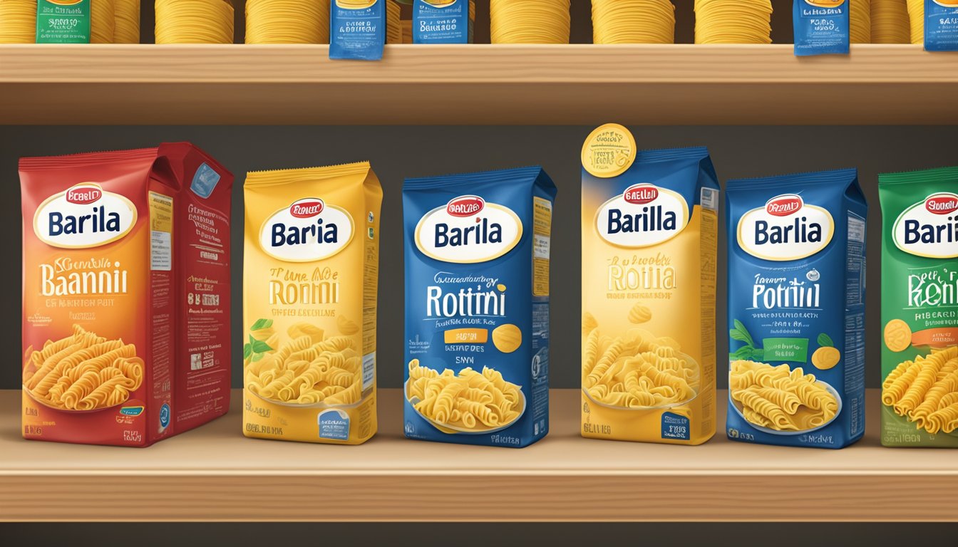 A pantry shelf with neatly arranged Barilla Ready Pasta Rotini packages, some opened and some sealed, with a label indicating the expiration date