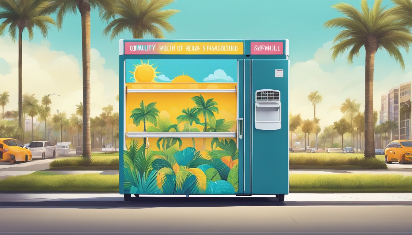 A brightly colored community fridge stands against a backdrop of palm trees and sunshine in Jacksonville, FL. It is adorned with health and safety standards signage