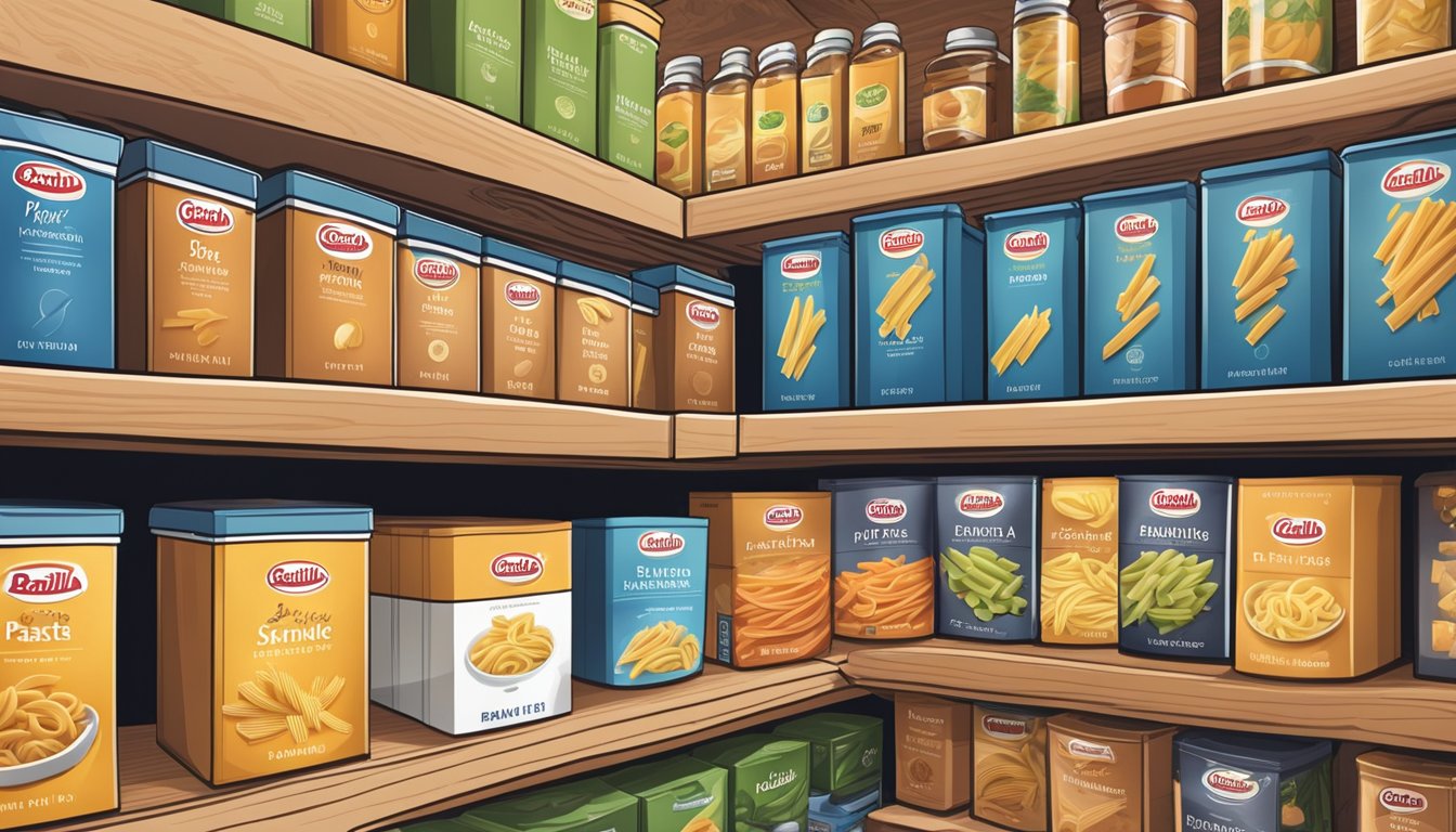 A pantry shelf filled with neatly arranged boxes of Barilla Ready Pasta penne, surrounded by various fresh ingredients and a helpful storage guide