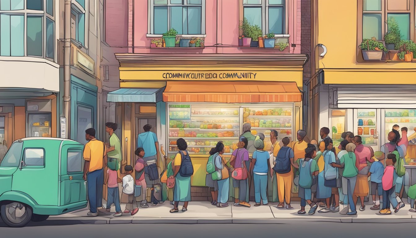 A bustling street corner with a colorful community fridge surrounded by people donating and taking food