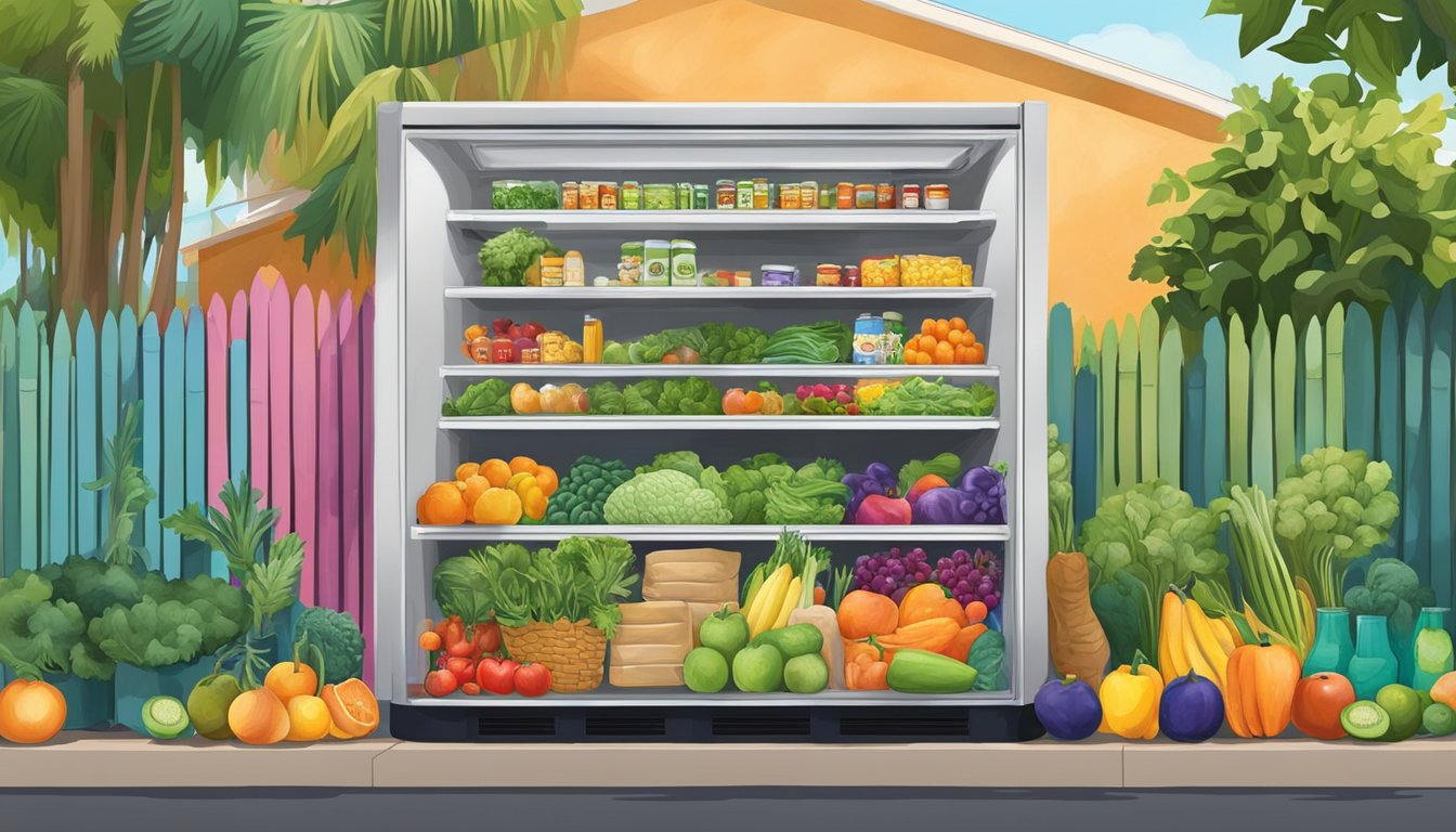 A community fridge stands against a colorful mural in Pembroke Pines, FL, surrounded by a diverse array of fresh produce and food items