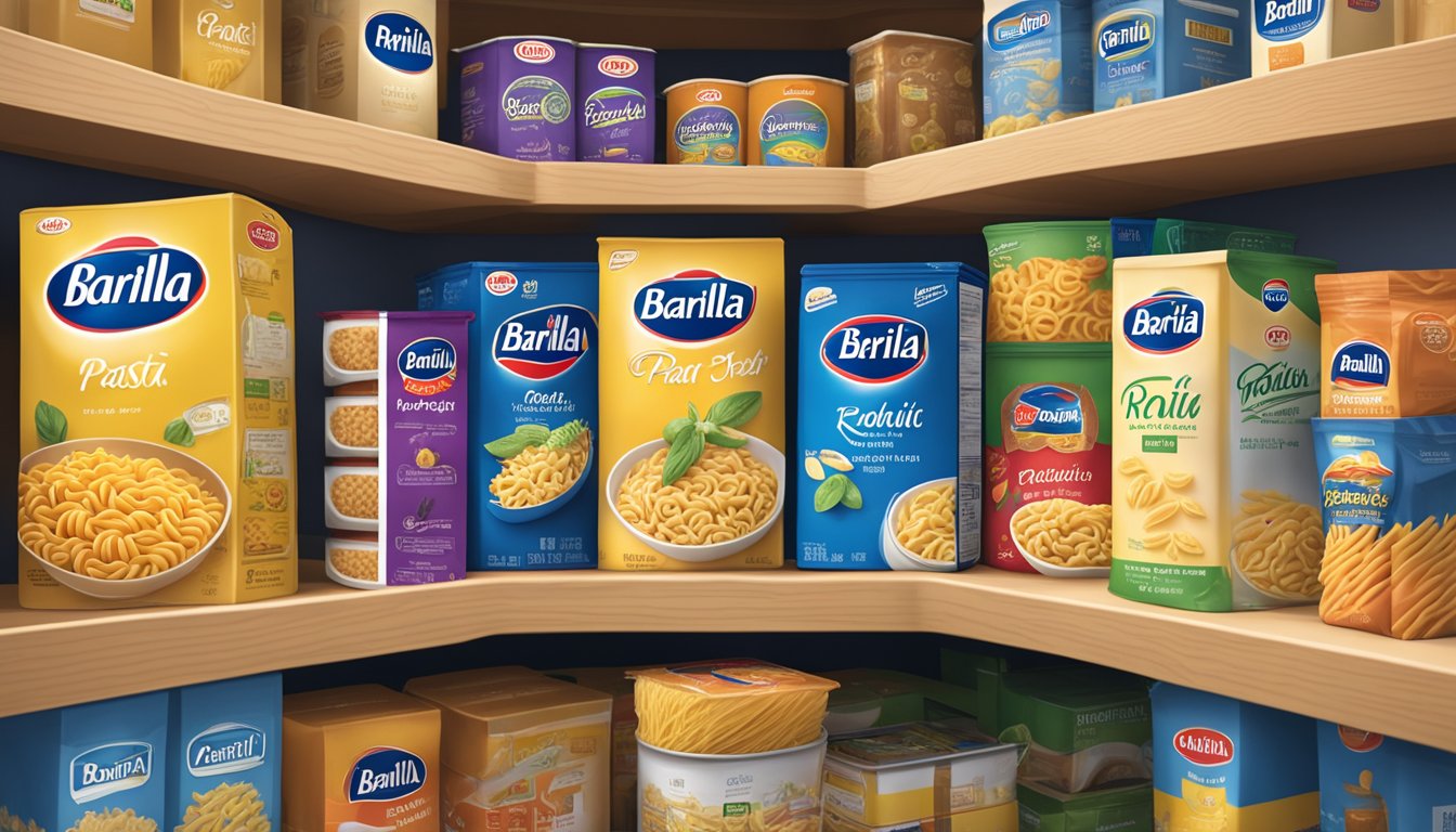 A package of Barilla ready pasta rotini sits unopened on a clean, organized pantry shelf, surrounded by other non-perishable food items