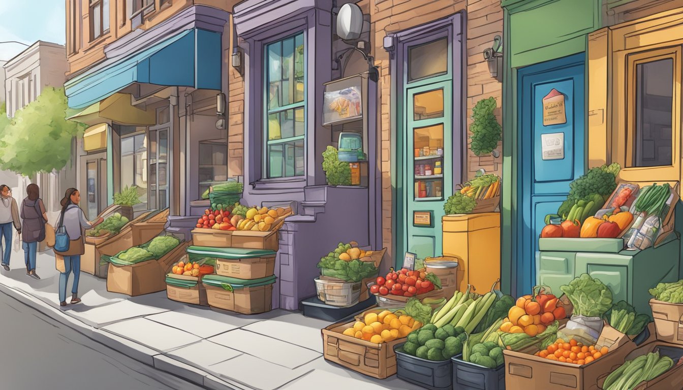 A bustling city street with a vibrant community fridge adorned with colorful artwork and filled with fresh produce and pantry items