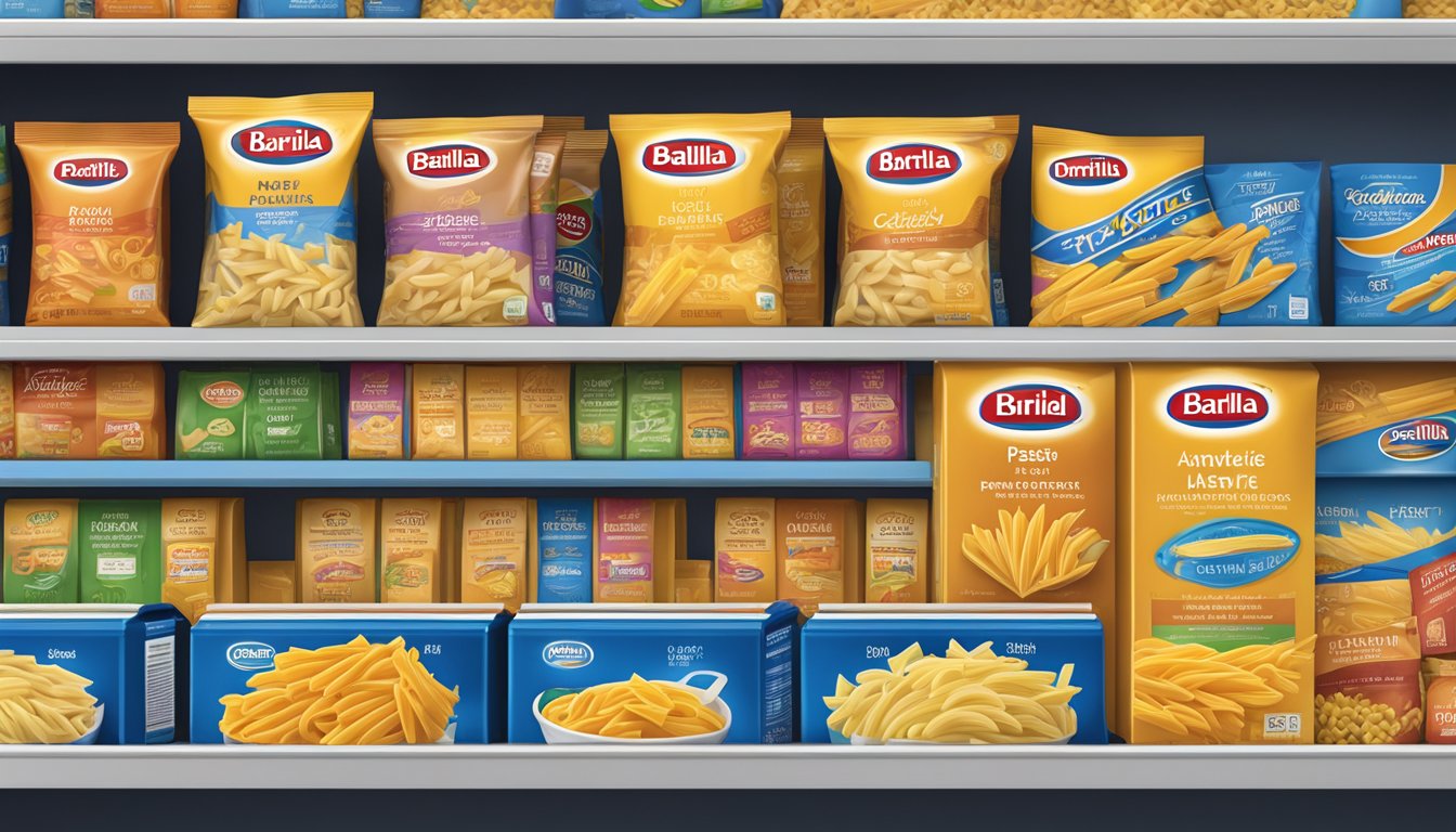 A pantry shelf with Barilla Ready Pasta Penne packages, some opened, some unopened, with varying expiration dates