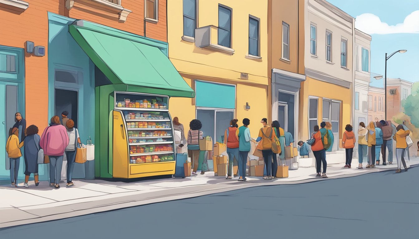 A bustling street corner with a colorful, well-stocked community fridge surrounded by people making donations and others stopping by to take what they need