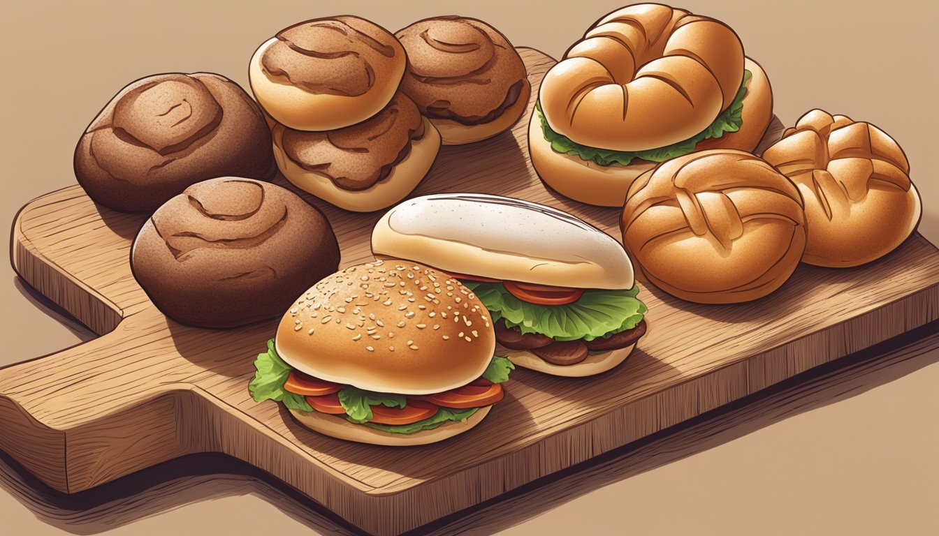 A variety of buns and bread laid out on a wooden board, with small beef sliders arranged on top