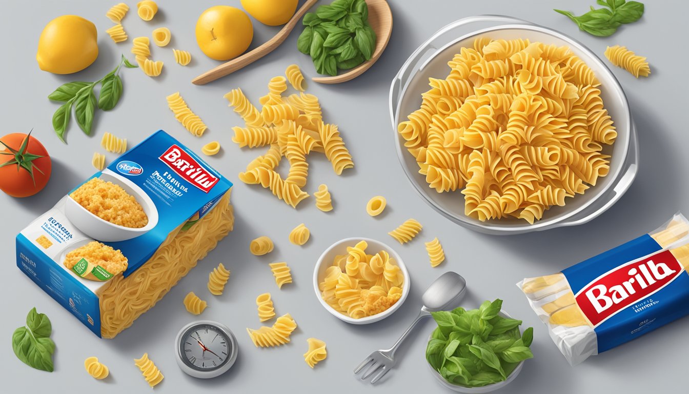 A colorful kitchen counter with an open package of Barilla Ready Pasta Rotini next to various fresh ingredients and a clock showing a short amount of time passing