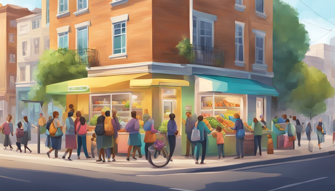 A bustling street corner with a colorful community fridge surrounded by people exchanging food and goods