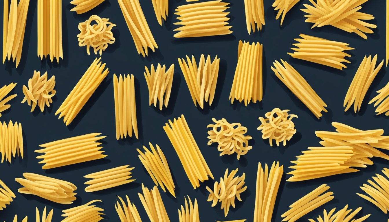 A variety of pasta types arranged in rows, including penne, fusilli, and spaghetti, with different shapes and sizes