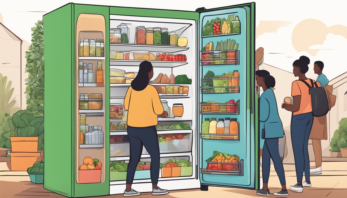 A colorful community fridge surrounded by fresh produce and canned goods, with a diverse group of people exchanging food items