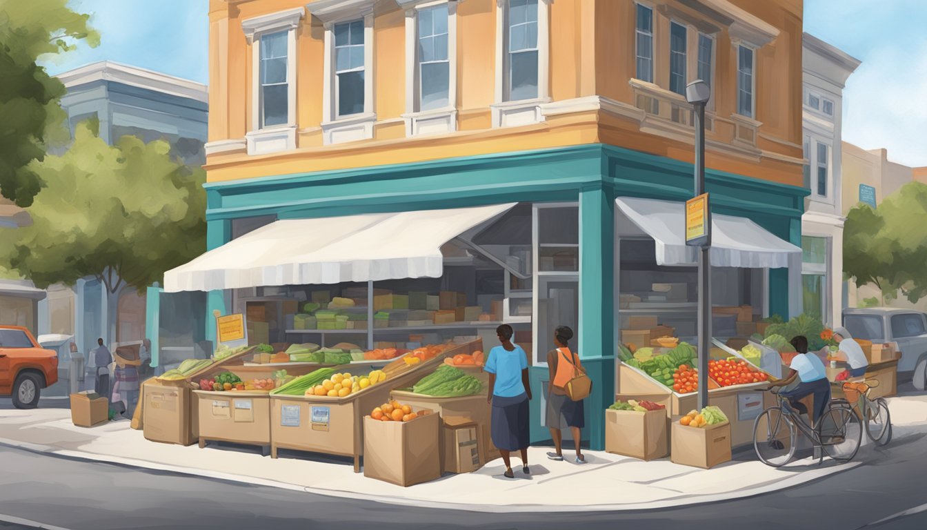 A bustling street corner in Jacksonville, Florida, where a colorful community fridge stands open, filled with fresh produce and packaged goods