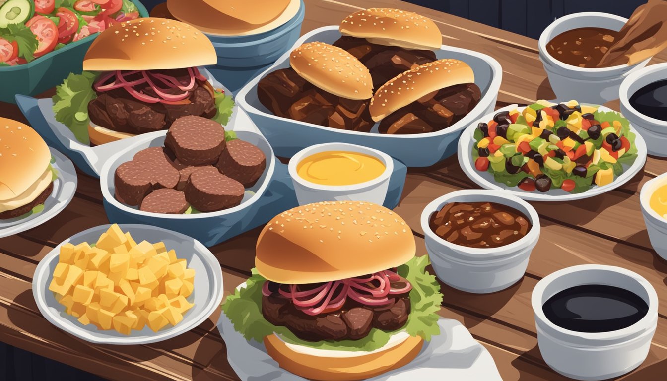 A platter of BBQ beef sliders with various toppings, surrounded by condiments and side dishes on a picnic table