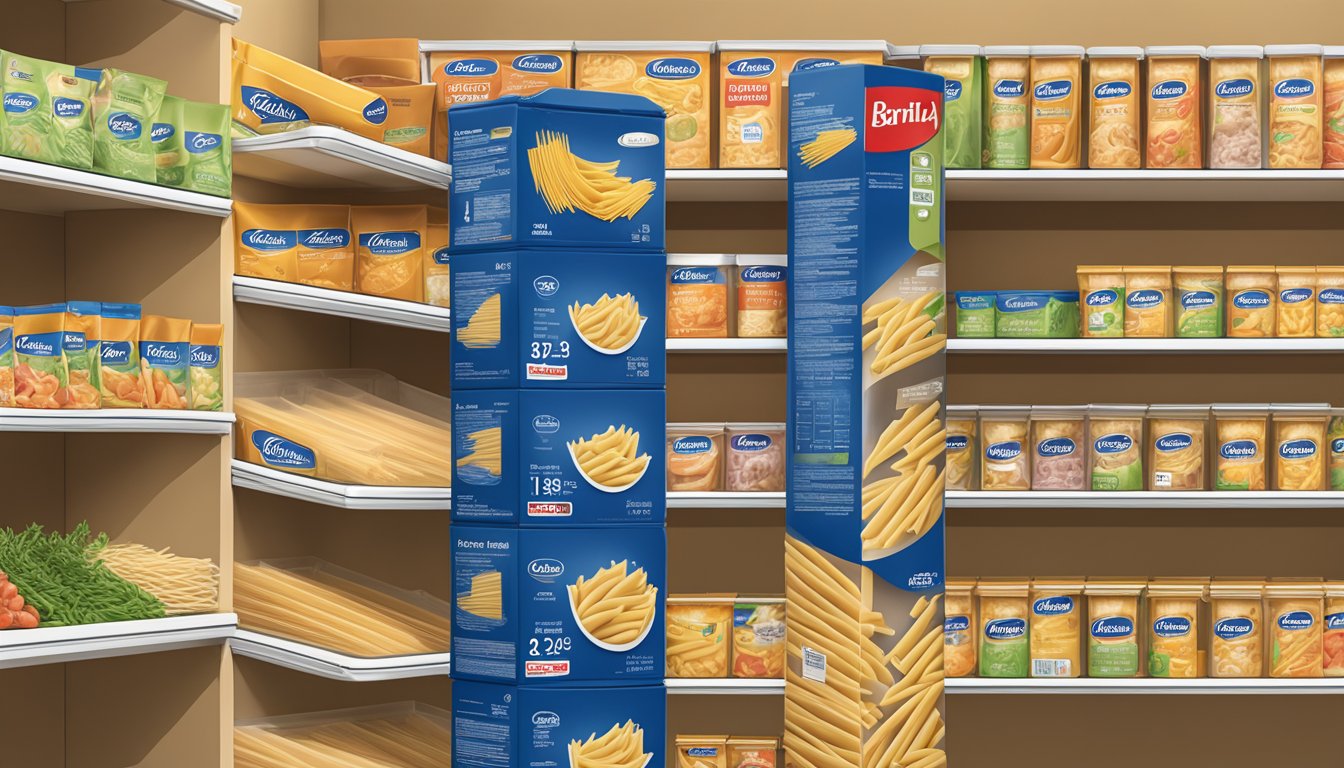 A package of Barilla ready pasta penne sits on a clean, organized pantry shelf, with a "best by" date clearly visible on the packaging